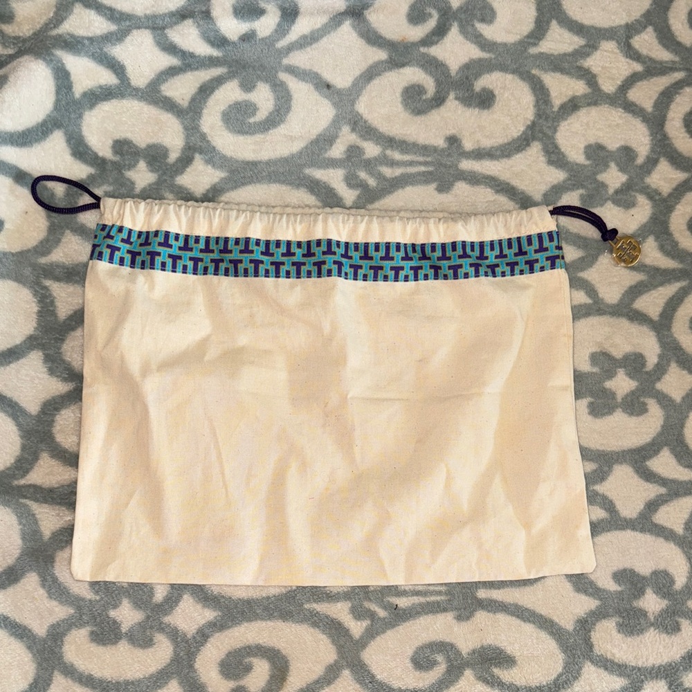 Tory Burch Cream Drawstring Dust Bag with Blue/Turquoise Trim